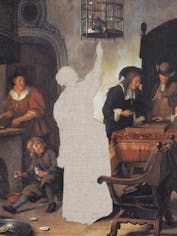 ヤン・ステーンの『鸚鵡に餌をやる女、バックギャモンに興じる二人の男およびその他の人物のいる室内、通称「鸚鵡の鳥籠」』に描かれた女性が、水晶橋近くで餌づけの練習をする